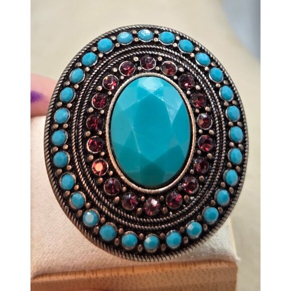 Vintage Faux Turquoise & Red Rhinestone Accent Stretch Ring - Picture 4 of 5